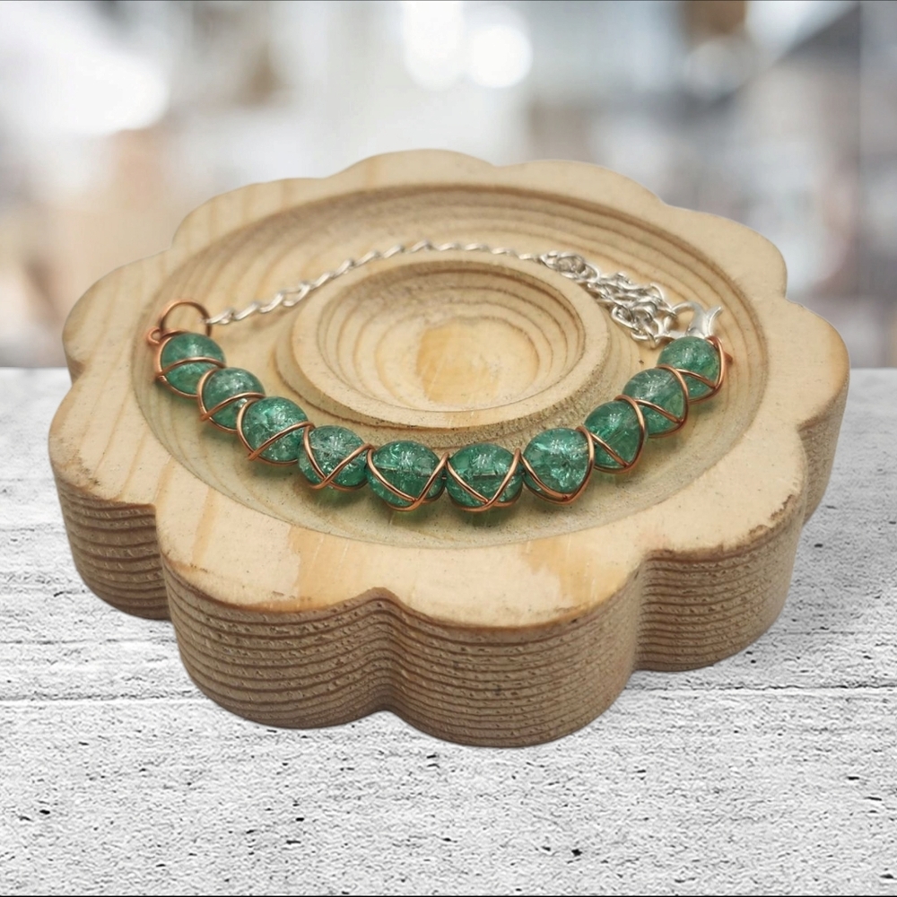 Handmade Wire-wrapped Adjustable Green Beaded Bracelet